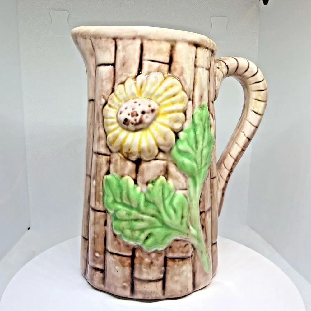 Vintage Majolica Yellow Sunflower / Pink Blossom Cluster Pitcher Creamer Handle